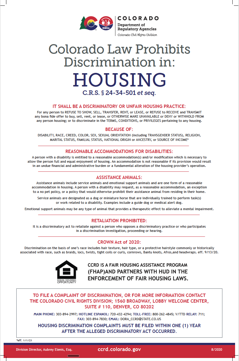 Colorado Law Prohibits Discrimination in Housing — fair housing poster from the Colorado Civil Rights Division